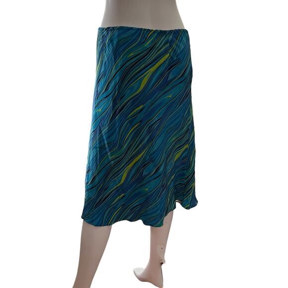 Vintage Sandra y2k 100% Silk Blue Green Swirl Low Waist Midi Slip Skirt 10 - Picture 5 of 6
